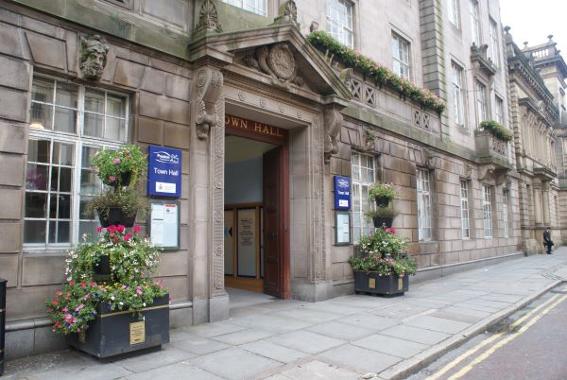 Town Hall entrance exterior with plants large