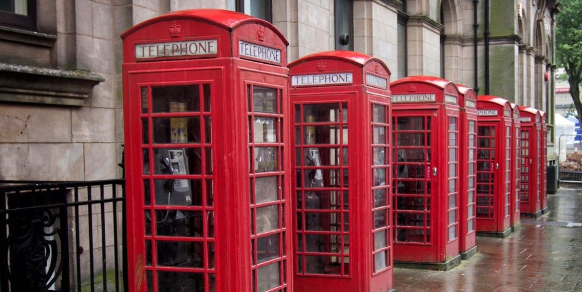 Red telephone boxes on Preston Flag Market Red telephone boxes on Preston Flag Market